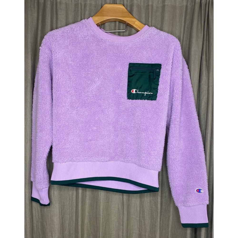Champion Sherpa‎ Fleece Crewneck Sweatshirt Lavender Green Pocket Size Medium
